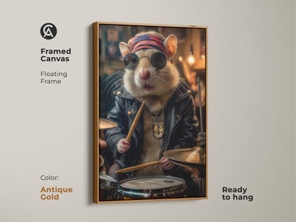 Framed canvas featuring the rockabilly hamster drummer art with an antique gold floating frame. The unique pet portrait canvas adds a touch of vintage rock music decor to your home. Ready to hang this piece makes a great drummer hamster artwork print.