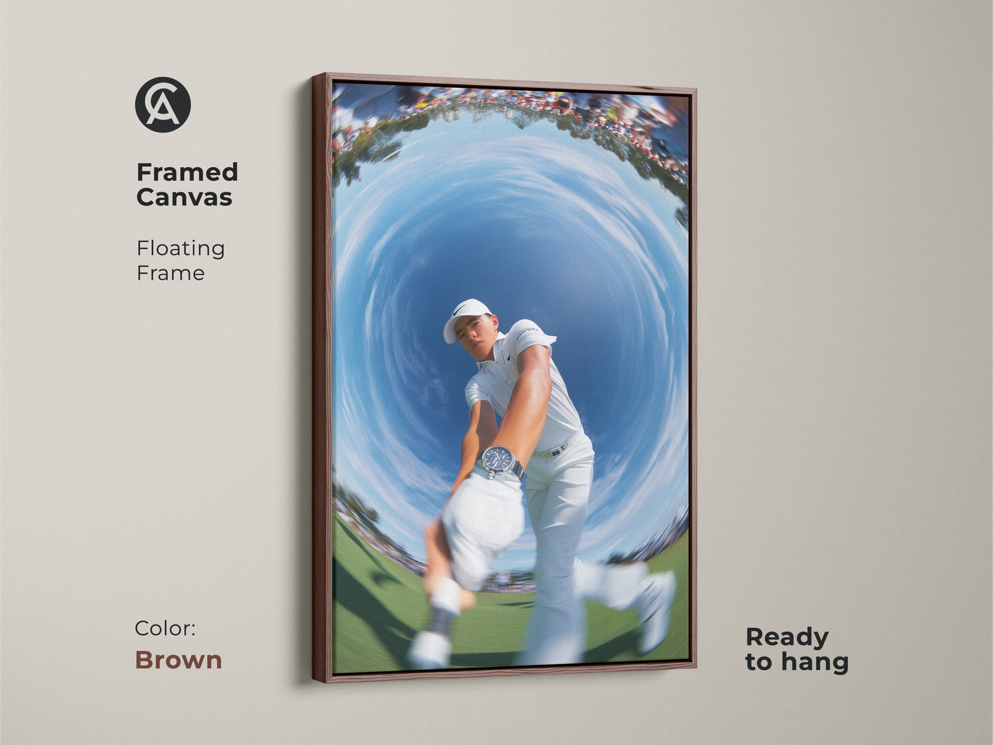 Framed canvas artwork showcasing a golfer's swing in a fisheye style. The floating frame enhances the art's appeal. It is ready to hang and enjoy. The brown frame color adds warmth. A great piece for sports art collectors.