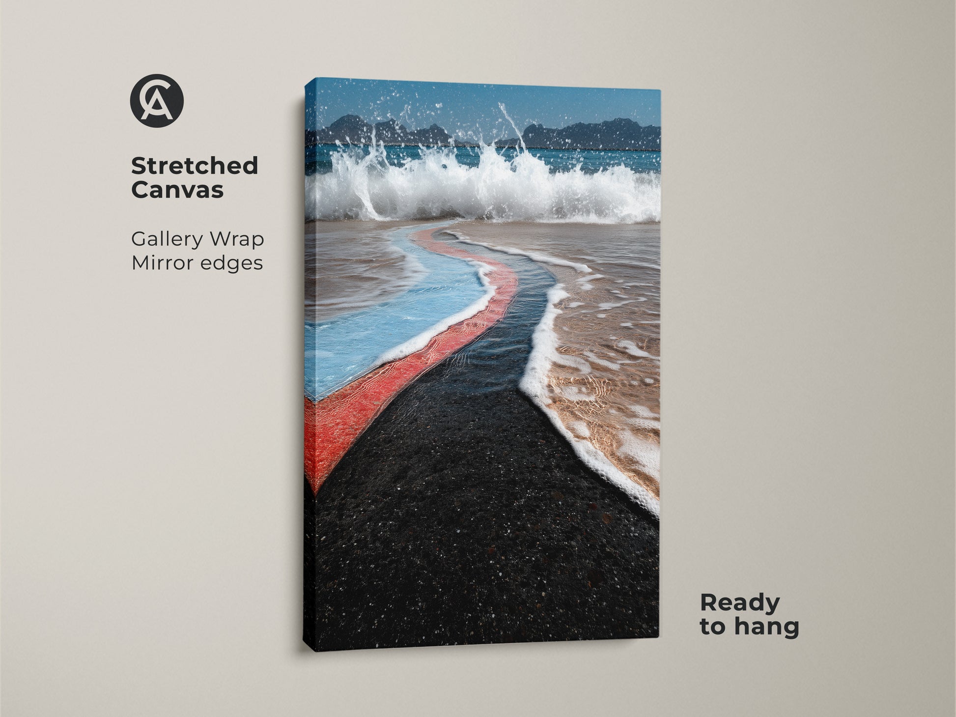 Stretched canvas of abstract ocean wave art ready to hang. The gallery wrap shows mirror edges enhancing the coastal abstract canvas print. Perfect beach landscape artwork for a modern coastal home. The teal coral blue wall art adds style.