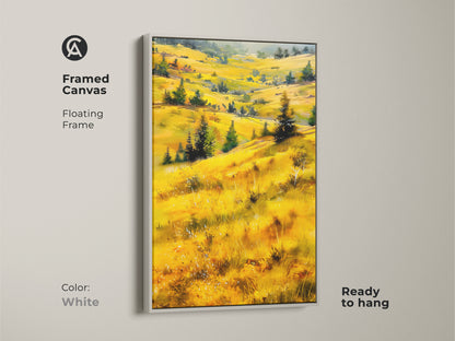 Framed canvas print with an impressionistic landscape. The golden yellow and green hues create a warm nature scene. The white floating frame offers a clean modern look. Perfect as farmhouse wall art. Enhance your living space with this scenic artwork.