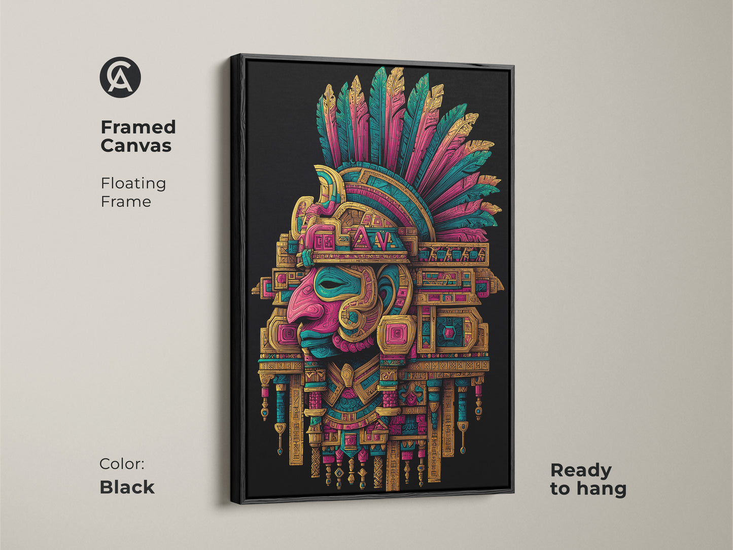 Framed canvas of an Aztec Headdress with a black floating frame. This artwork is ready to hang. The colors pop against the black background. It is a great conversation starter