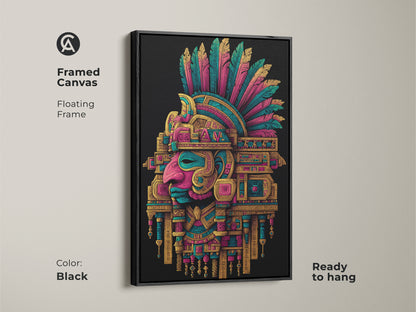 Framed canvas of an Aztec Headdress with a black floating frame. This artwork is ready to hang. The colors pop against the black background. It is a great conversation starter