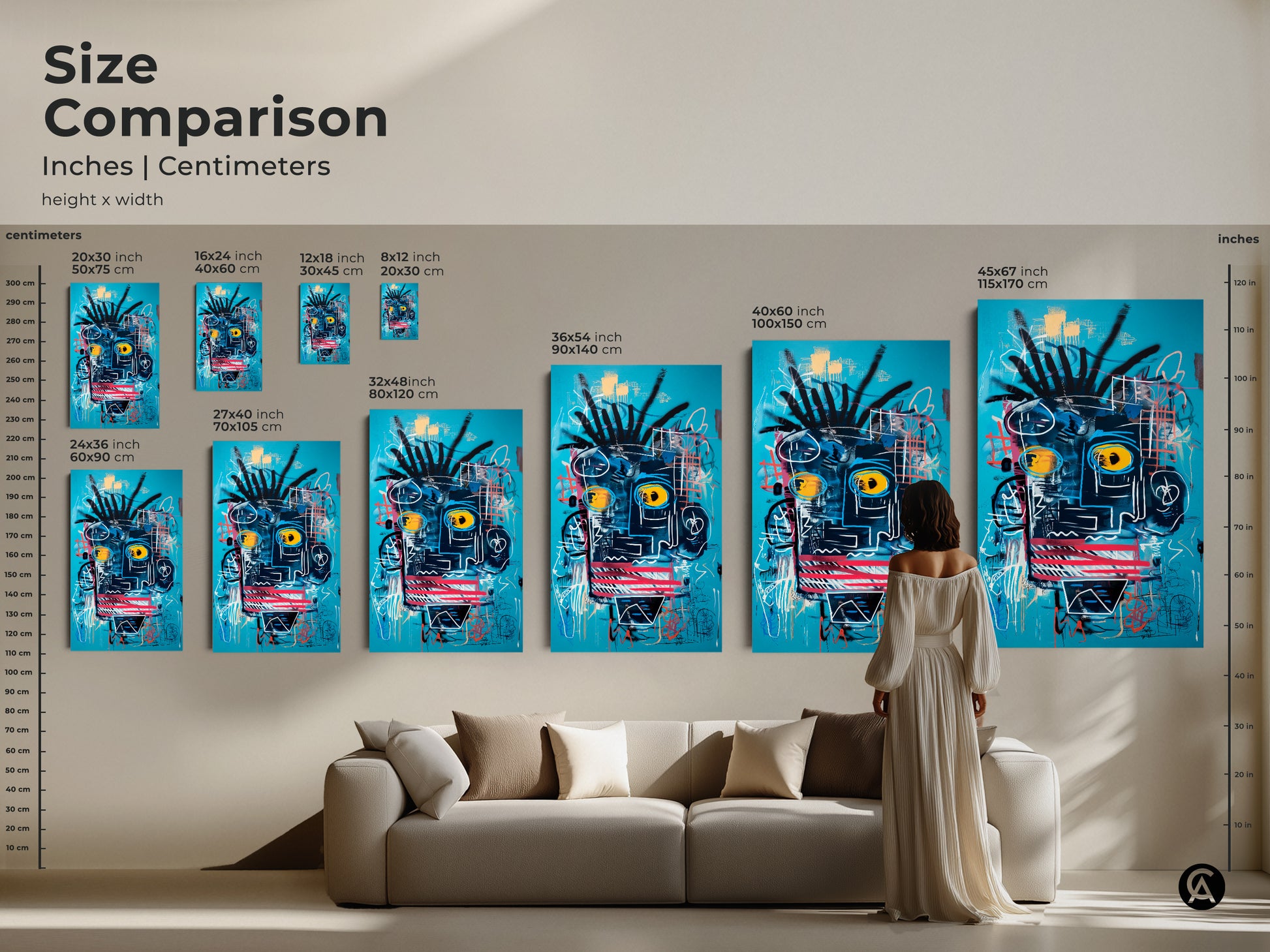 Size comparison of abstract face art prints. See the artwork in various sizes from small to large. Sizes range from 8x12 to 45x67 inches. Visualize how each size fits above a sofa. Perfect for planning your art display.