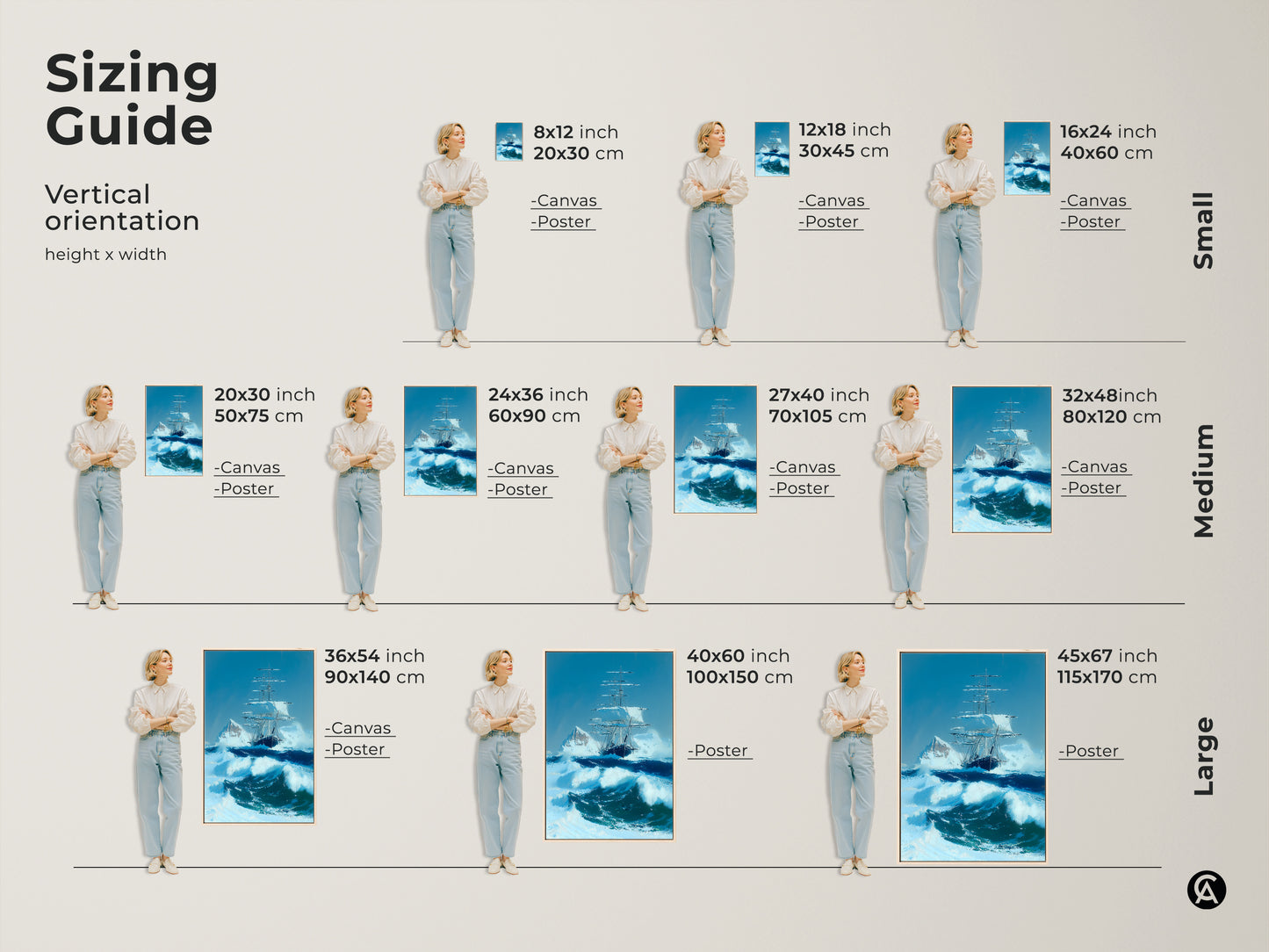 Sizing guide for nautical canvas and poster prints. The artwork features a tall ship in an ocean storm with an iceberg. Find the perfect size for your space from small to large prints. Ideal for home study or office this maritime art adds adventure to any room.
