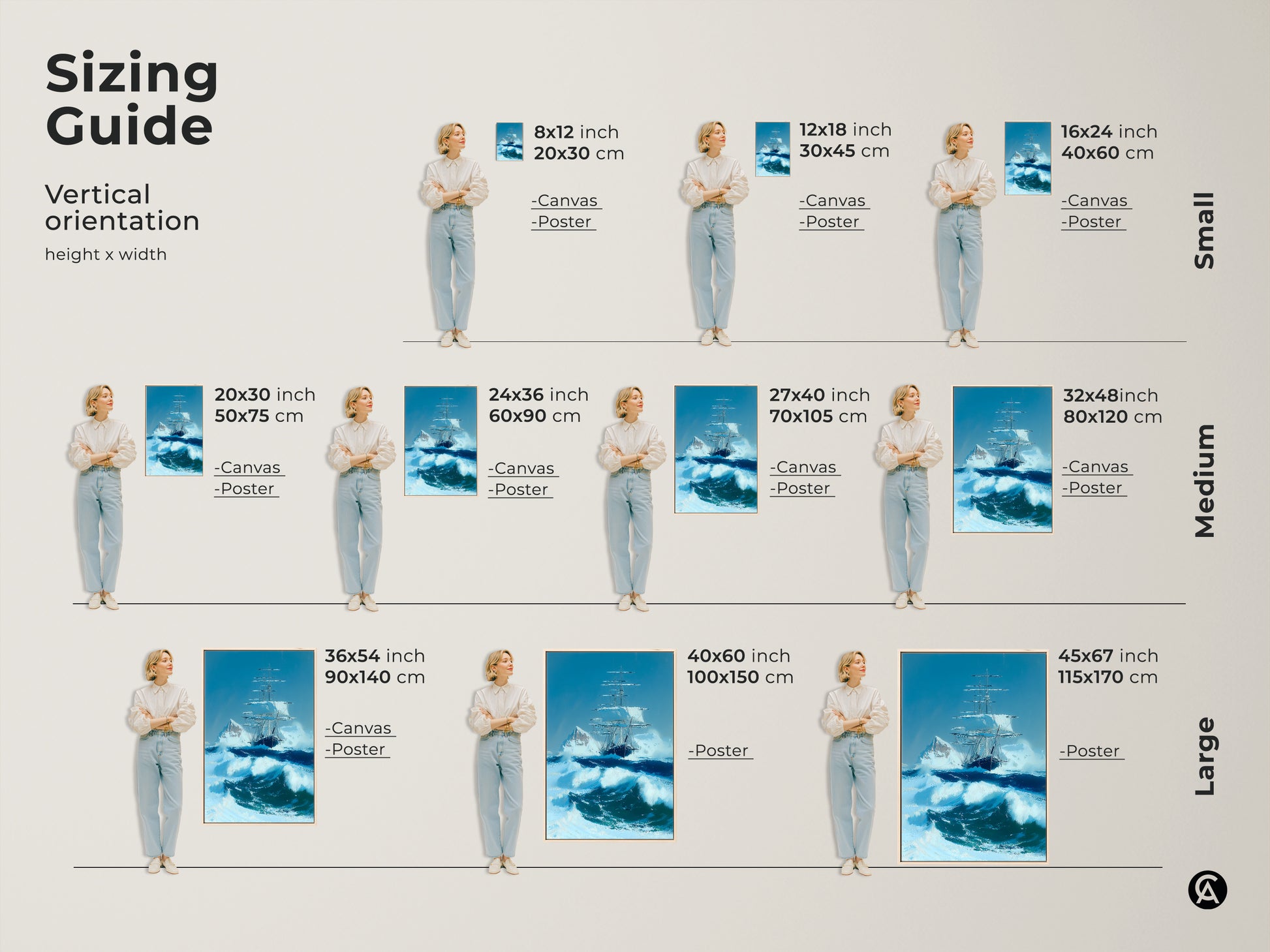 Sizing guide for nautical canvas and poster prints. The artwork features a tall ship in an ocean storm with an iceberg. Find the perfect size for your space from small to large prints. Ideal for home study or office this maritime art adds adventure to any room.