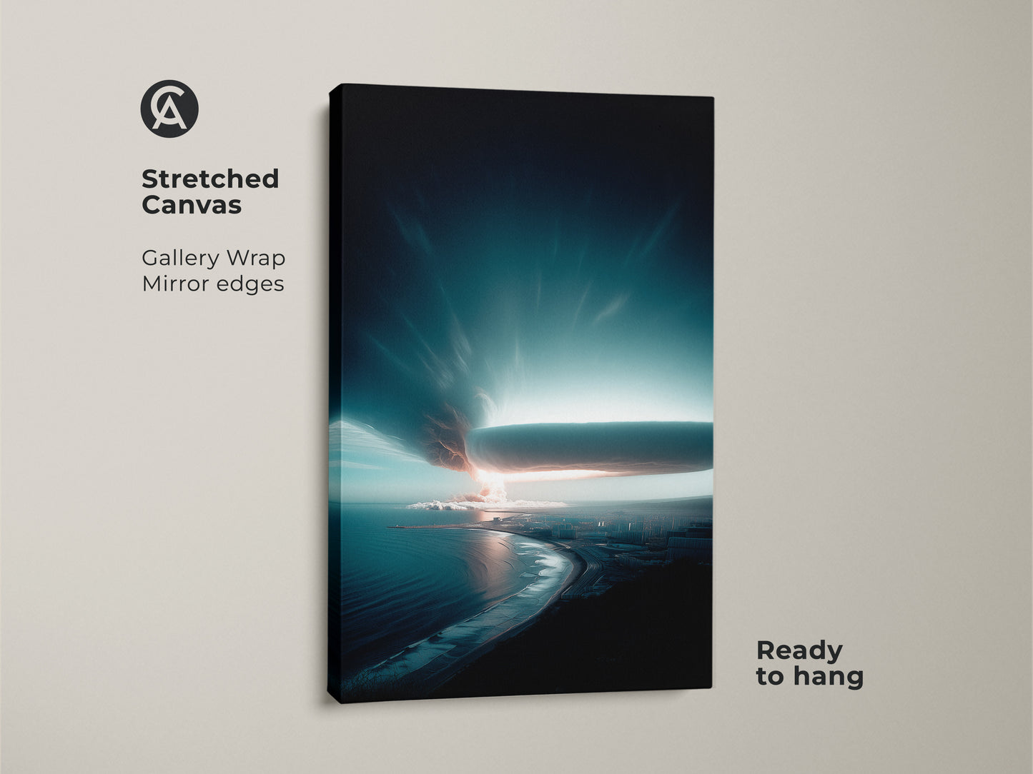 Stretched Canvas showcasing deep blue coastal cityscape artwork. This gallery-wrapped piece features mirror edges. It's ready to hang and captures a stormy ocean under a dramatic sky. Contemporary art perfect as a travel lover gift.
