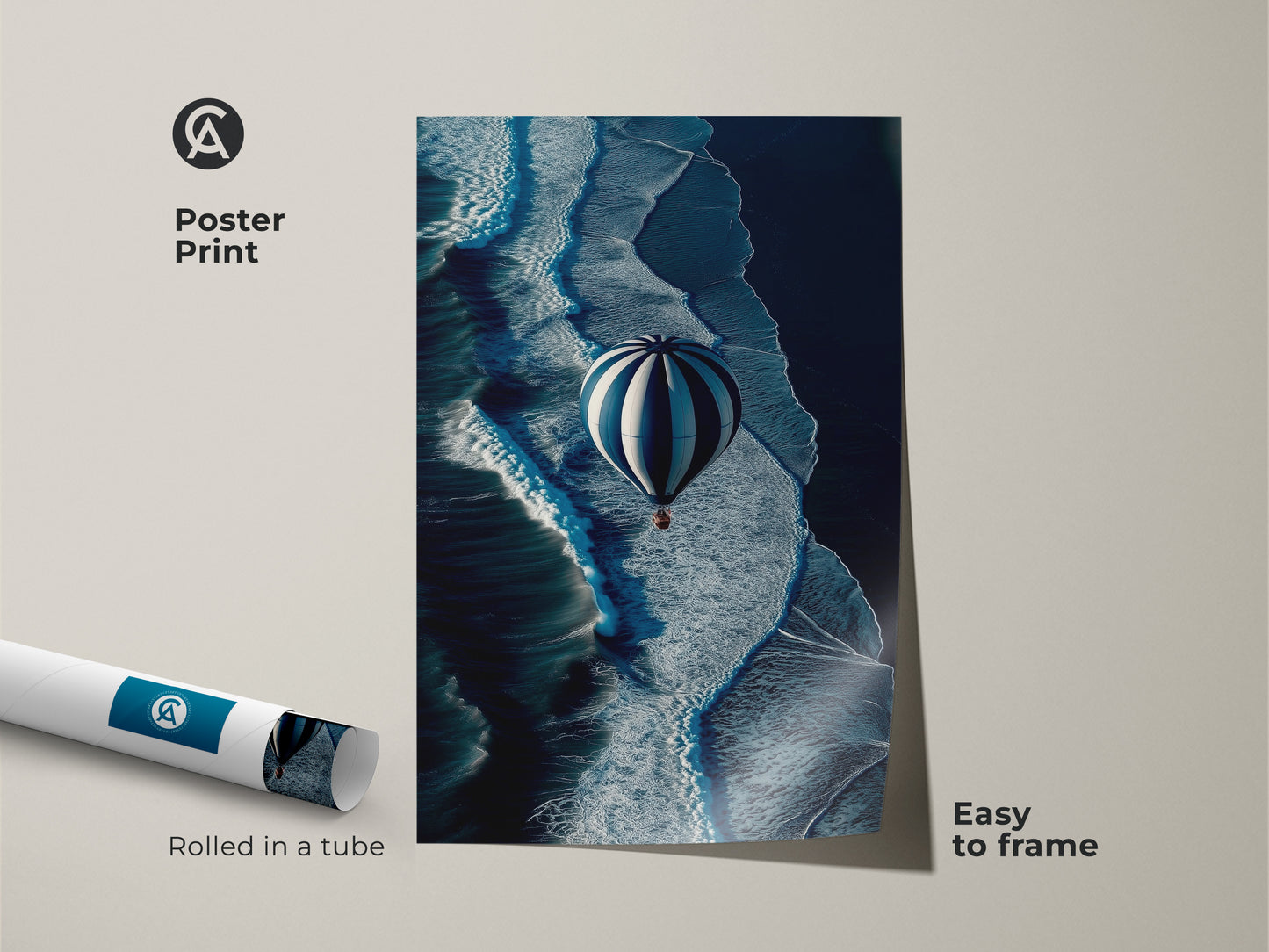 Discover this poster print of a hot air balloon soaring over ocean waves an easy to frame piece. Rolled in a tube for protection this travel adventure wall art adds a serene touch to any room with its navy blue and white seascape.