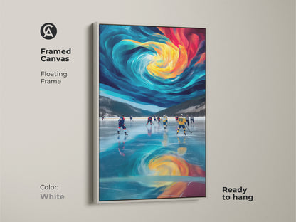 Framed canvas with a floating frame in white displaying abstract hockey art. This modern sports wall art features dynamic blue yellow and teal colors. The ice rink scene brings a contemporary touch to any space. Ready to hang making it ideal for offices or home gyms. A unique and stylish gift for sports fans.