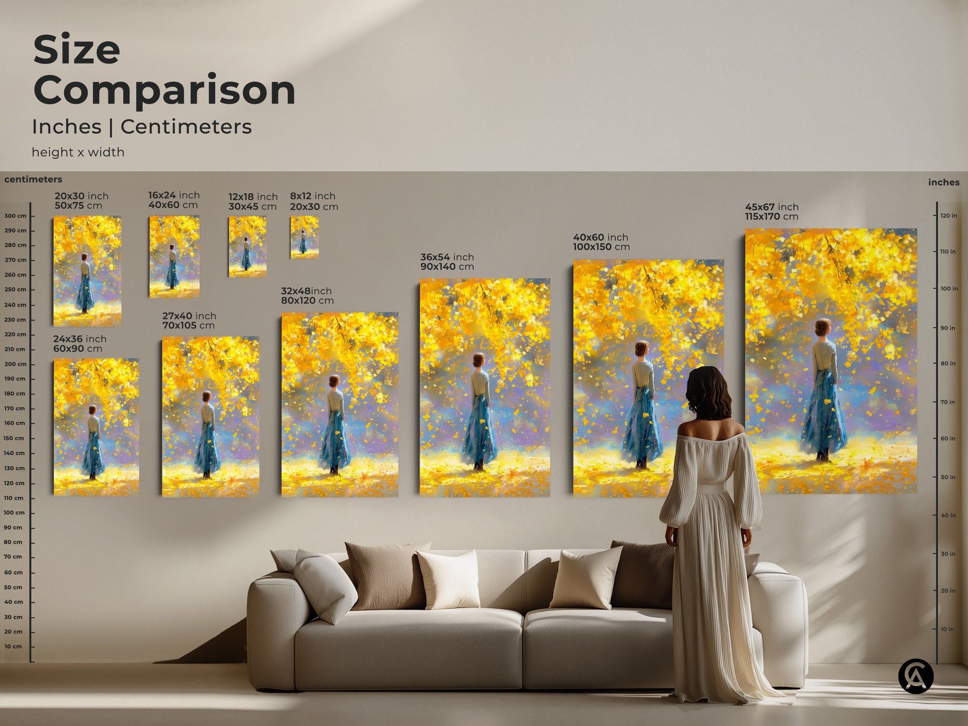 Size comparison of artwork featuring a woman in a blue dress under a yellow tree. See how different sizes fit above a couch from 8x12 to 45x67 inches. Visualize the perfect dimensions for your space. Enhance your home decor with this beautiful and elegant art piece.
