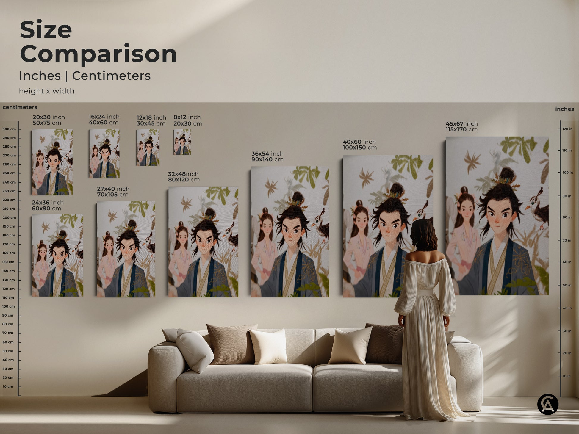 Size comparison of the traditional Chinese couple art print. Inches centimeters height by width. A woman is looking at the art print hanging above a couch. The art print is beige blue and green eclectic wall decor.