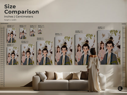 Size comparison of the traditional Chinese couple art print. Inches centimeters height by width. A woman is looking at the art print hanging above a couch. The art print is beige blue and green eclectic wall decor.