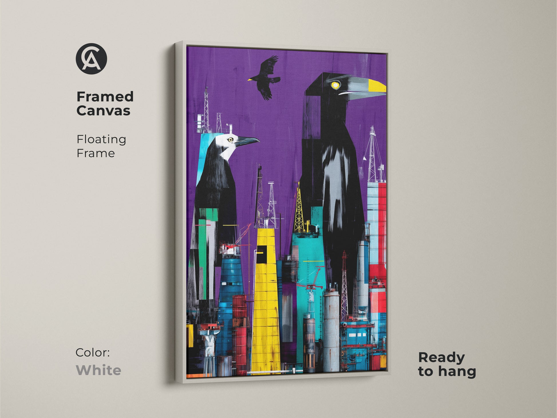 A white framed canvas showcases a surreal crow cityscape art print. This modern artwork displays crows and an urban cityscape. It has a vibrant purple background with pops of yellow and teal. Perfect for animal lovers. It offers a distinctive artistic touch. A modern surrealist painting ready to hang.