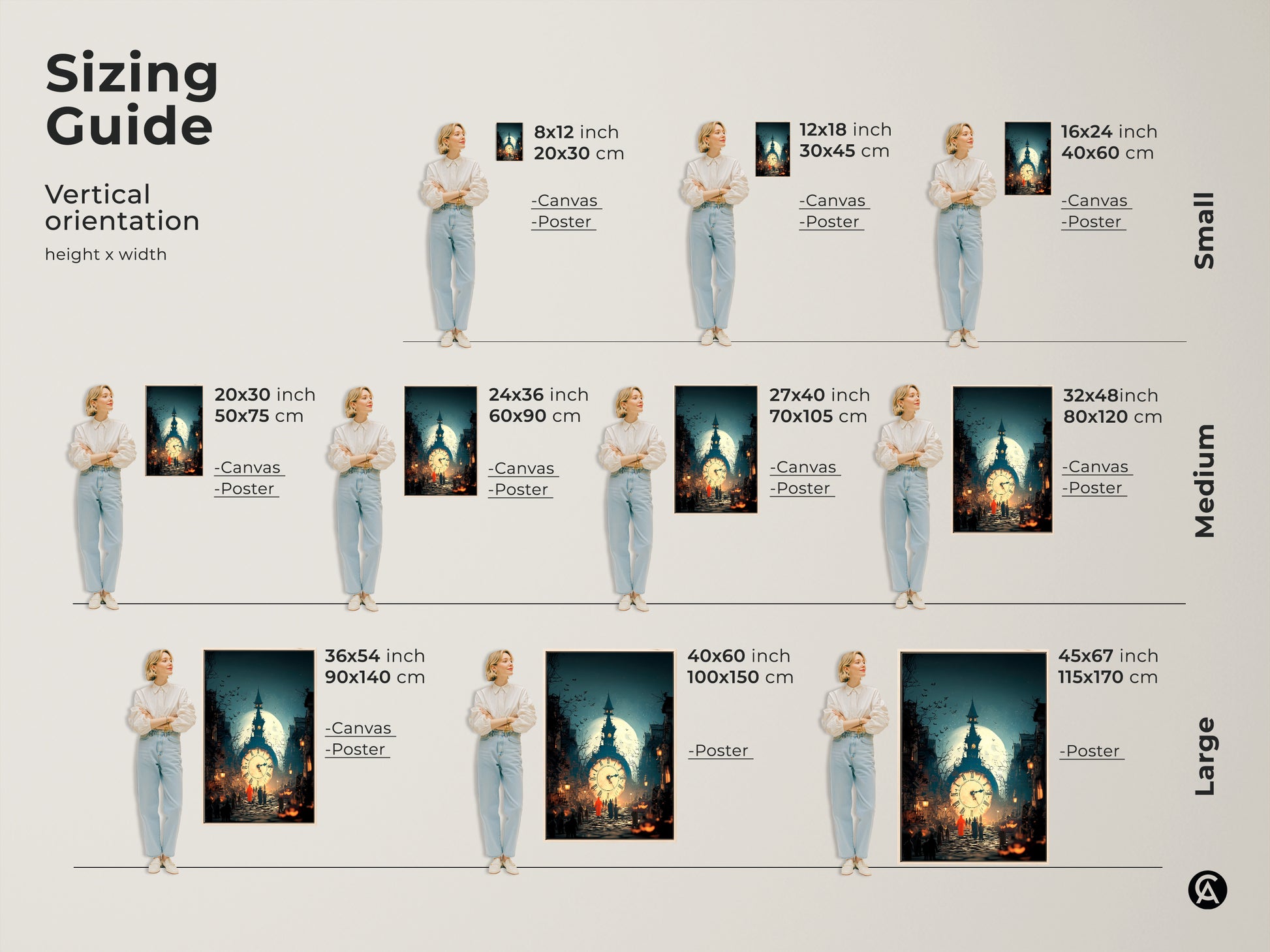 Sizing guide for the vertical Gothic Clock Tower Art. This art print comes in small medium and large sizes. Perfect for any space. See the gothic clock tower beneath the full moon. Great as gothic wall decor. Available as canvas and poster.
