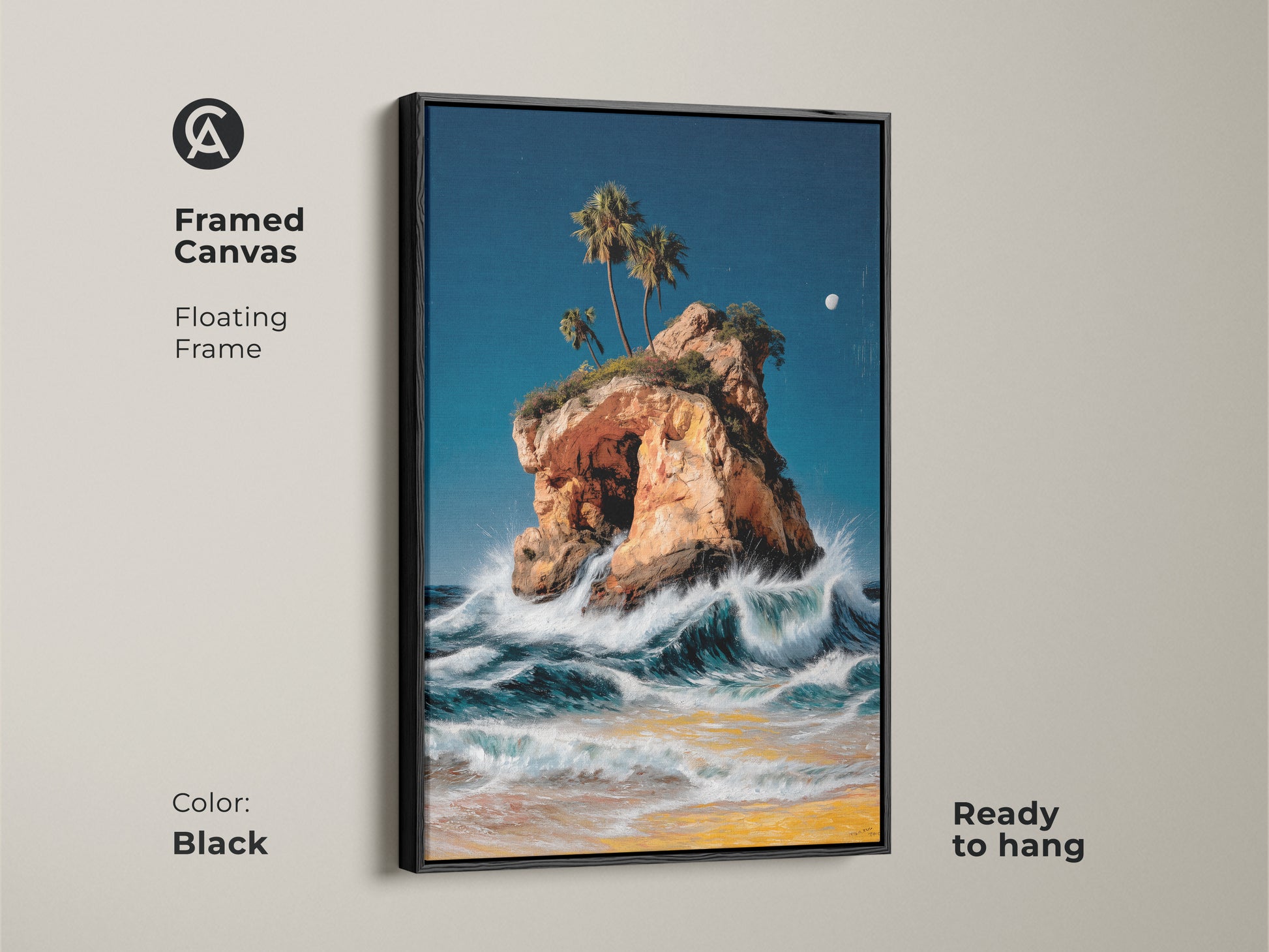 Framed canvas artwork depicting a coastal island with crashing ocean waves. This piece features a floating black frame. The palm trees and beach decor create a serene atmosphere. Ready to hang this seascape painting is ideal for a bedroom or living room. The oil painting style enhances the blue and orange color palette.