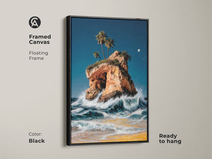 Framed canvas artwork depicting a coastal island with crashing ocean waves. This piece features a floating black frame. The palm trees and beach decor create a serene atmosphere. Ready to hang this seascape painting is ideal for a bedroom or living room. The oil painting style enhances the blue and orange color palette.