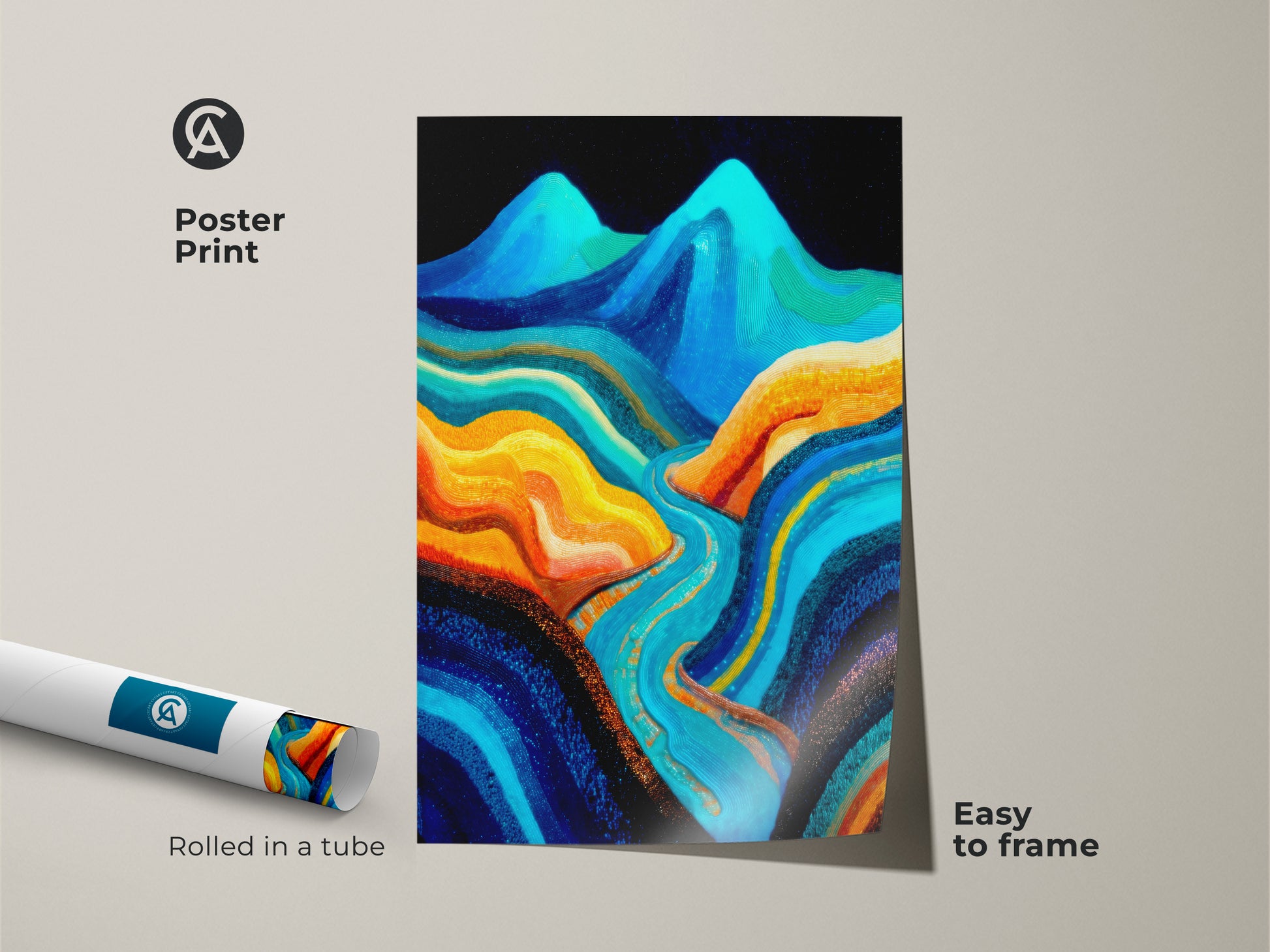 Poster print showcases contemporary landscape art. The rolled abstract mountain wall art is easy to frame. Deep blue and aqua colors highlight the nature-inspired wall decor. Perfect modern home art.