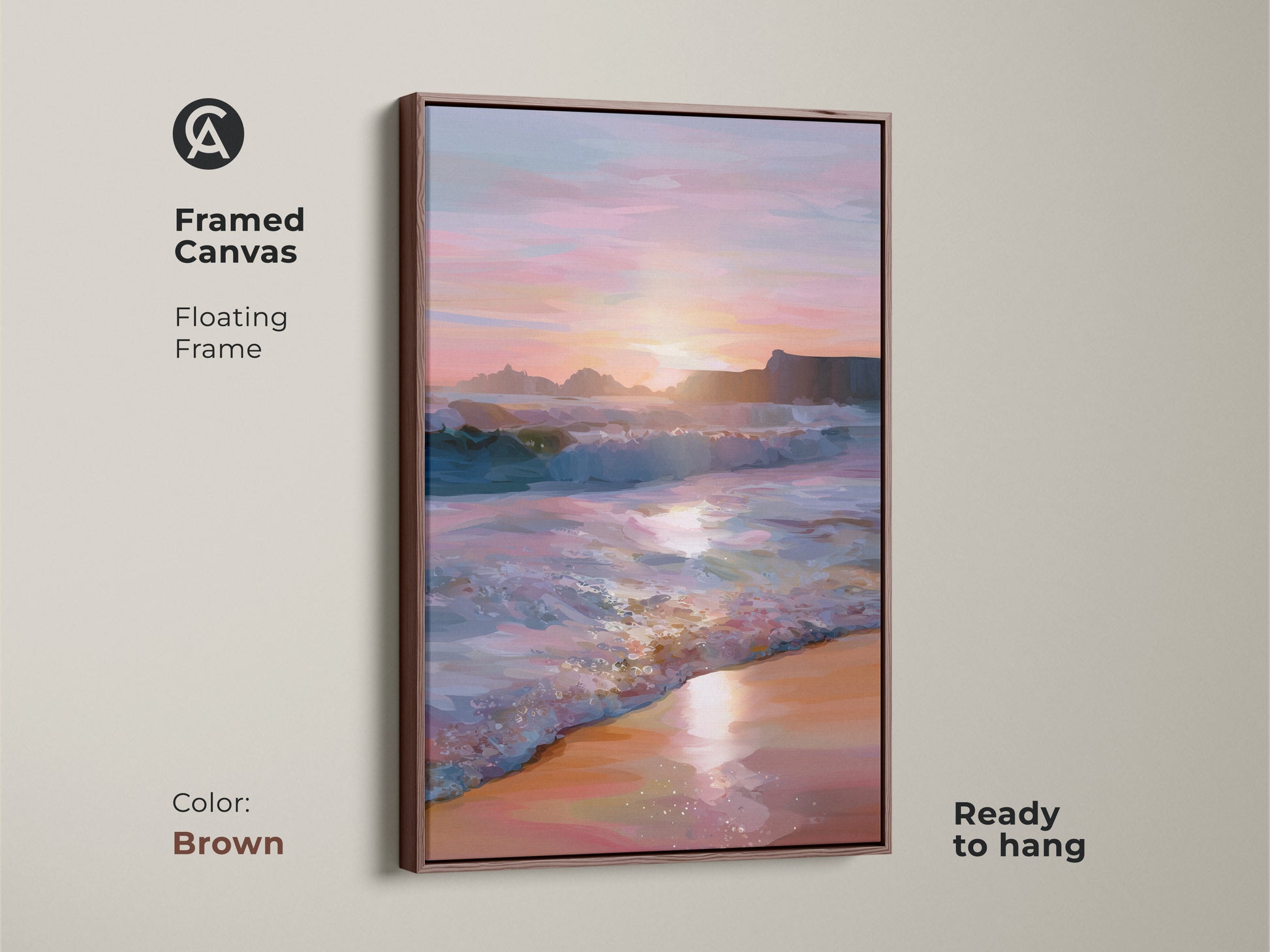 Framed canvas art featuring an ocean sunset and crashing coastal waves. A brown floating frame enhances the teal pink orange landscape. Ready to hang piece for a housewarming gift. An impressionistic beach art for your home decor canvas.