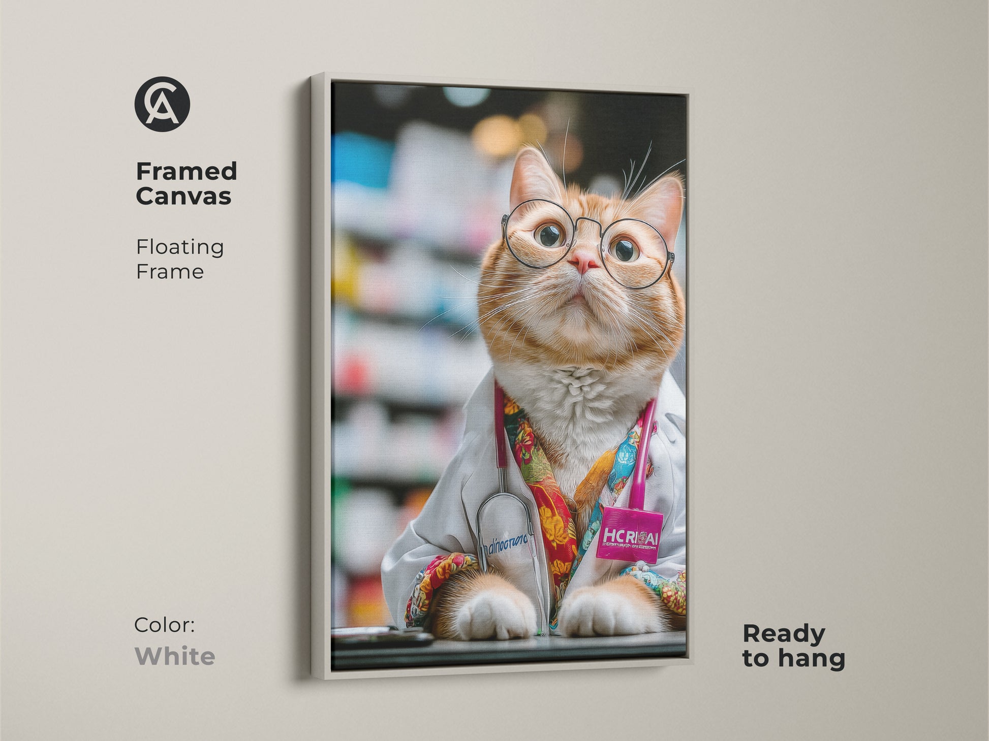 White framed canvas featuring an orange cat doctor. The funny animal artwork is a delightful addition to an office. It makes a wonderful veterinarian gift. The cat lover wall decor showcases humorous professional art. This quirky cat portrait is charming.