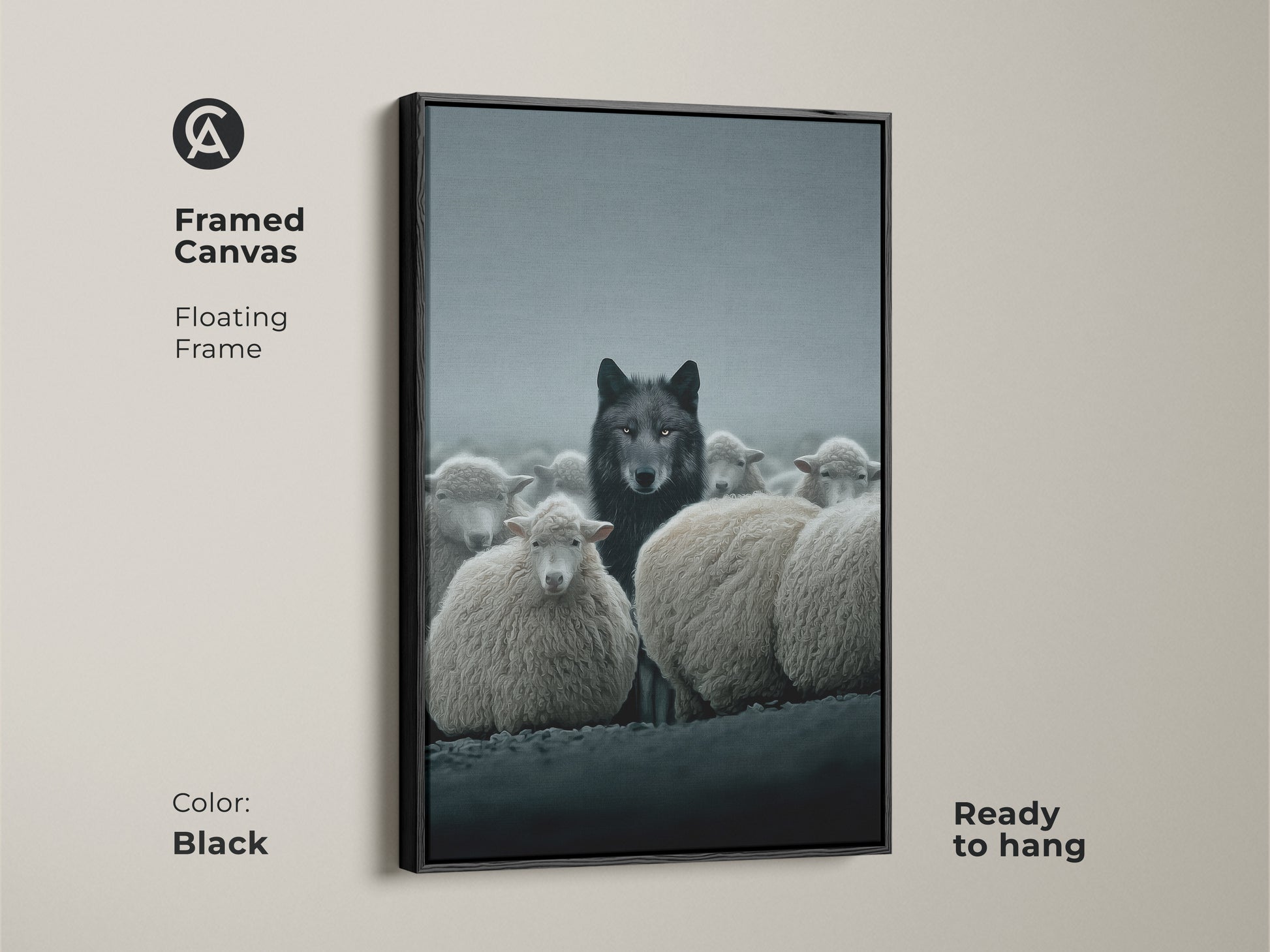 Black framed canvas featuring a wolf and sheep. This ready-to-hang wildlife art enhances any space with its modern gothic style. Perfect for an office or study room art.