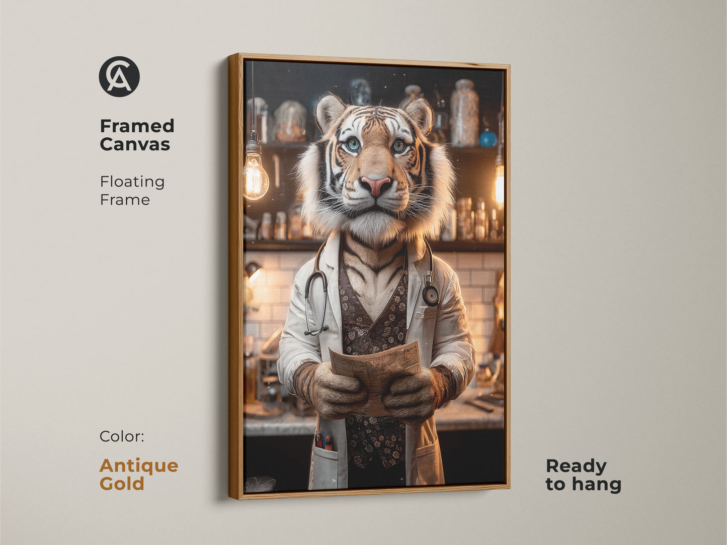 Framed canvas art of a tiger doctor with an antique gold floating frame. This ready-to-hang artwork adds sophistication to your home or office. The unique art piece is sure to spark conversation.
