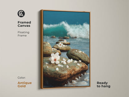 Antique gold framed canvas art showcasing a beach with cherry blossoms. A beautiful teal blue ocean wave graces the background. It brings a minimalist touch to any space. Perfect housewarming gift.