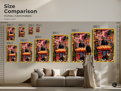 A size comparison showcasing a Cat Baker Art Print in various dimensions. See how this vibrant animal art print complements any living room. Envision this unique housewarming canvas as a focal point in your eclectic home decor art print.