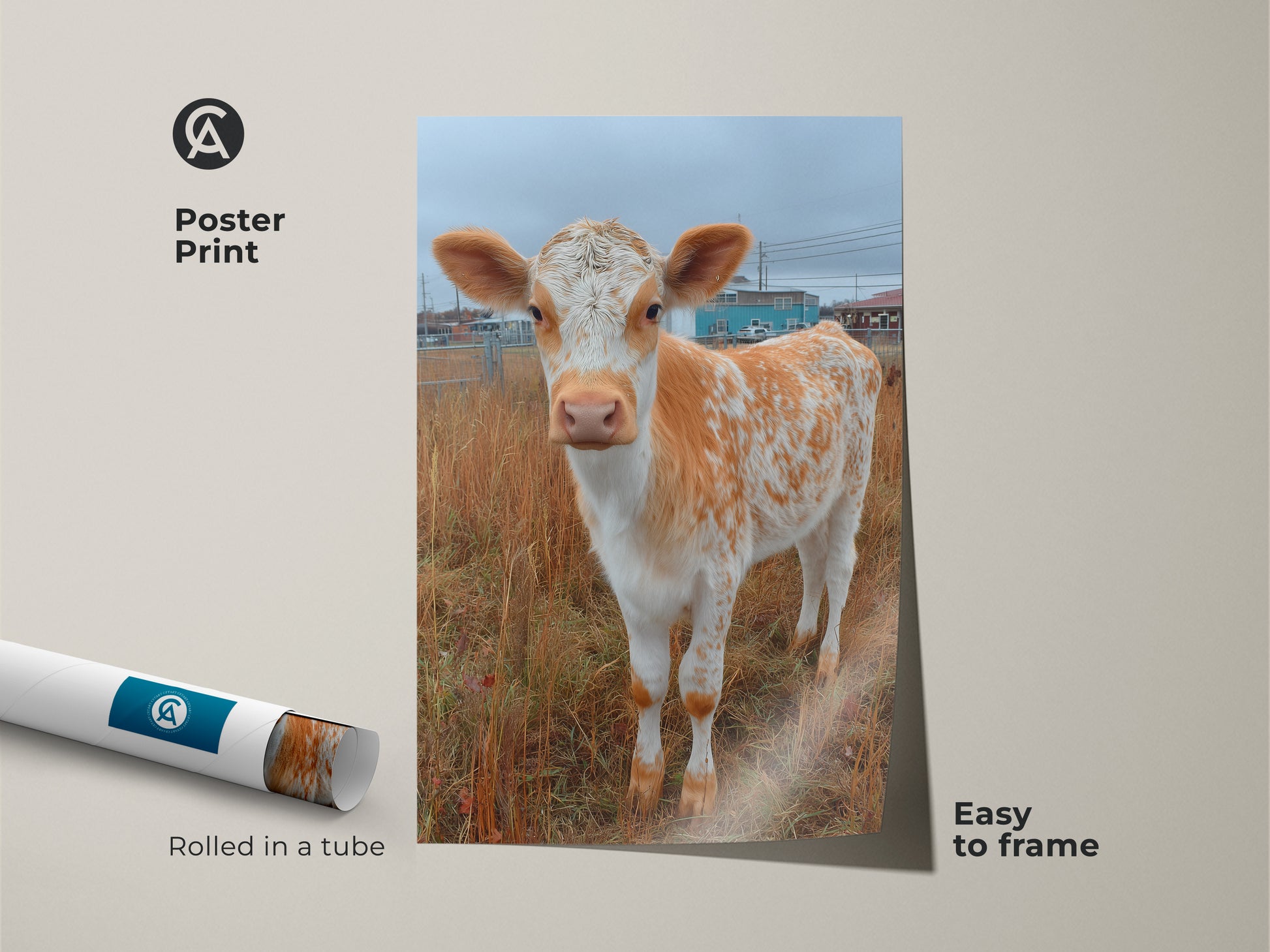 Poster print of a Holstein calf. This charming animal art is easy to frame. The poster is rolled in a tube for protection. Add a touch of country to your home with this baby cow wall art.