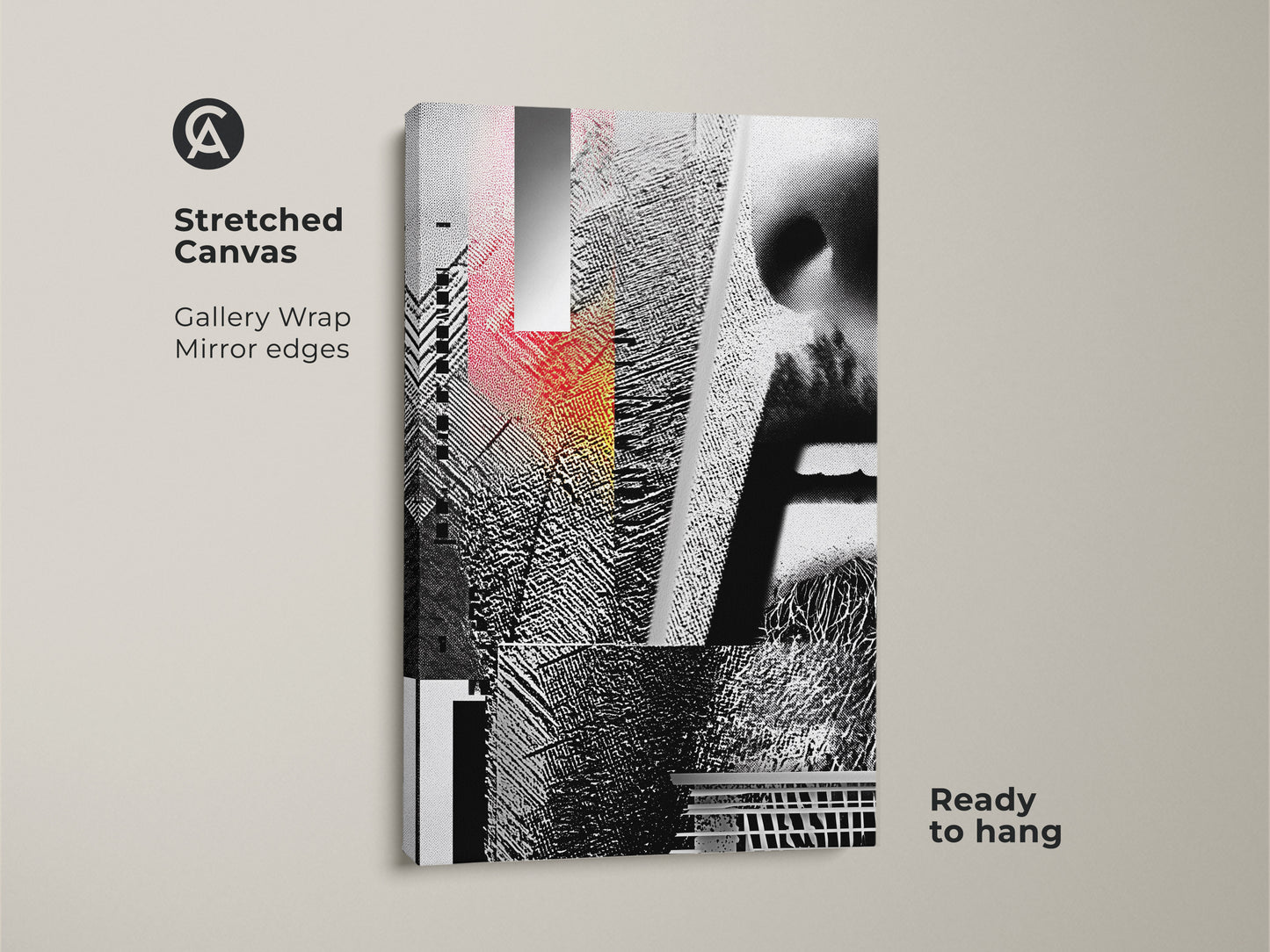 Stretched Canvas showcasing a Glitch Art Print. This abstract collage features geometric and face elements in black white and red. The gallery wrap and mirror edges enhance its contemporary appeal. Ready to hang and enjoy.