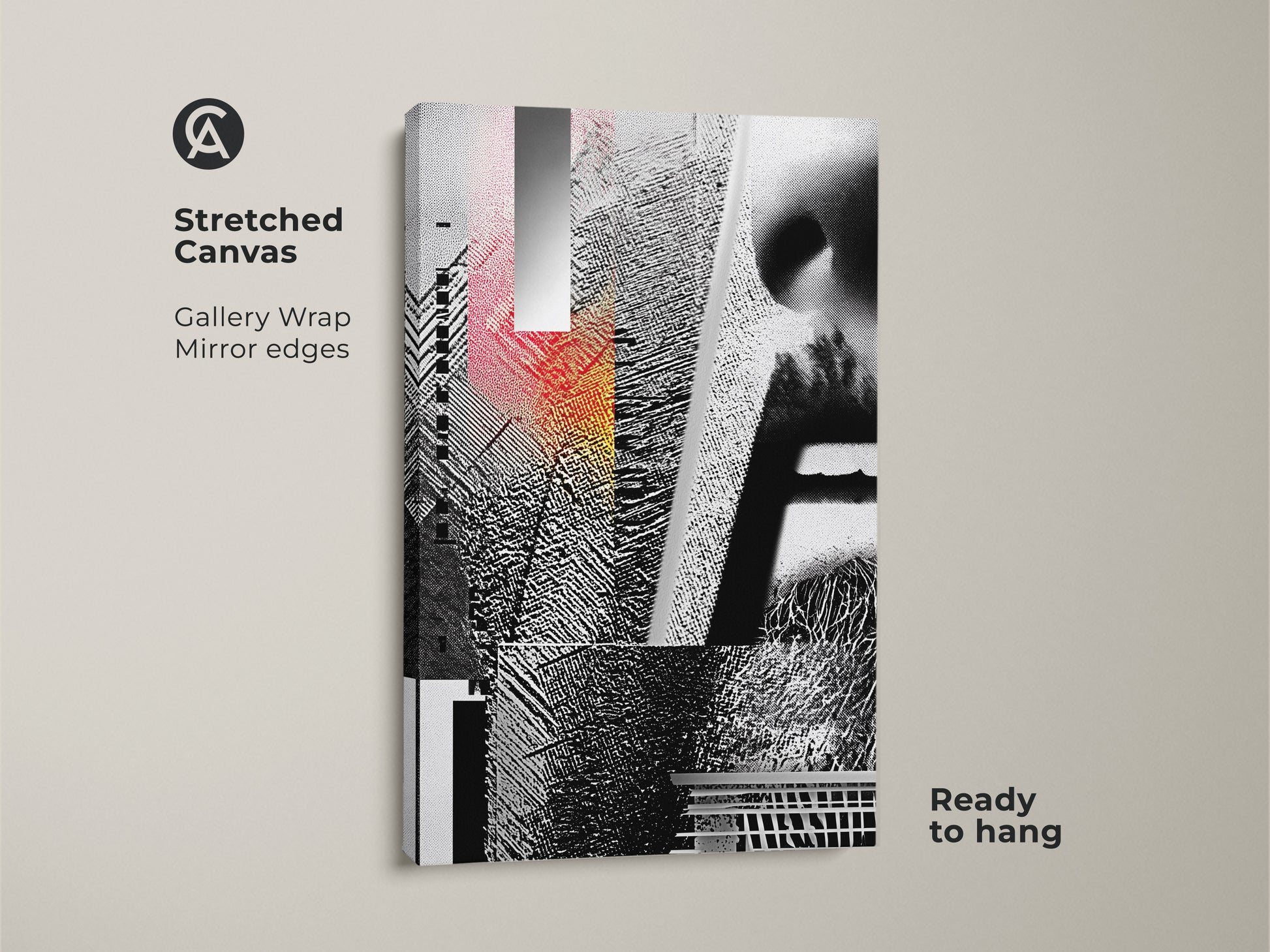 Stretched Canvas showcasing a Glitch Art Print. This abstract collage features geometric and face elements in black white and red. The gallery wrap and mirror edges enhance its contemporary appeal. Ready to hang and enjoy.