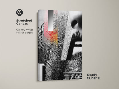Stretched Canvas showcasing a Glitch Art Print. This abstract collage features geometric and face elements in black white and red. The gallery wrap and mirror edges enhance its contemporary appeal. Ready to hang and enjoy.