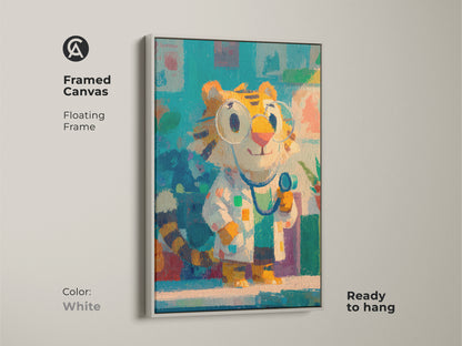 Framed canvas showcasing a cute tiger doctor character. The floating frame in white offers a clean and modern look. This ready-to-hang piece is perfect for brightening up any room. The artwork is great for children's spaces.
