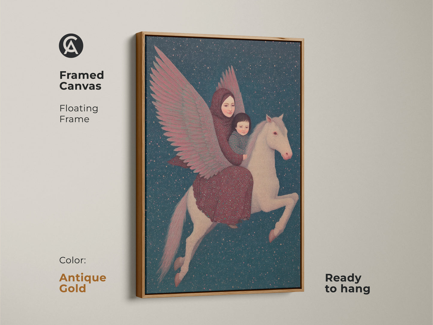 Antique gold framed canvas shows celestial art of a mother and child on a Pegasus. This ready-to-hang piece elevates eclectic bedroom wall art. This surreal folk painting print is a whimsical Pegasus addition. A unique gift for imagination.