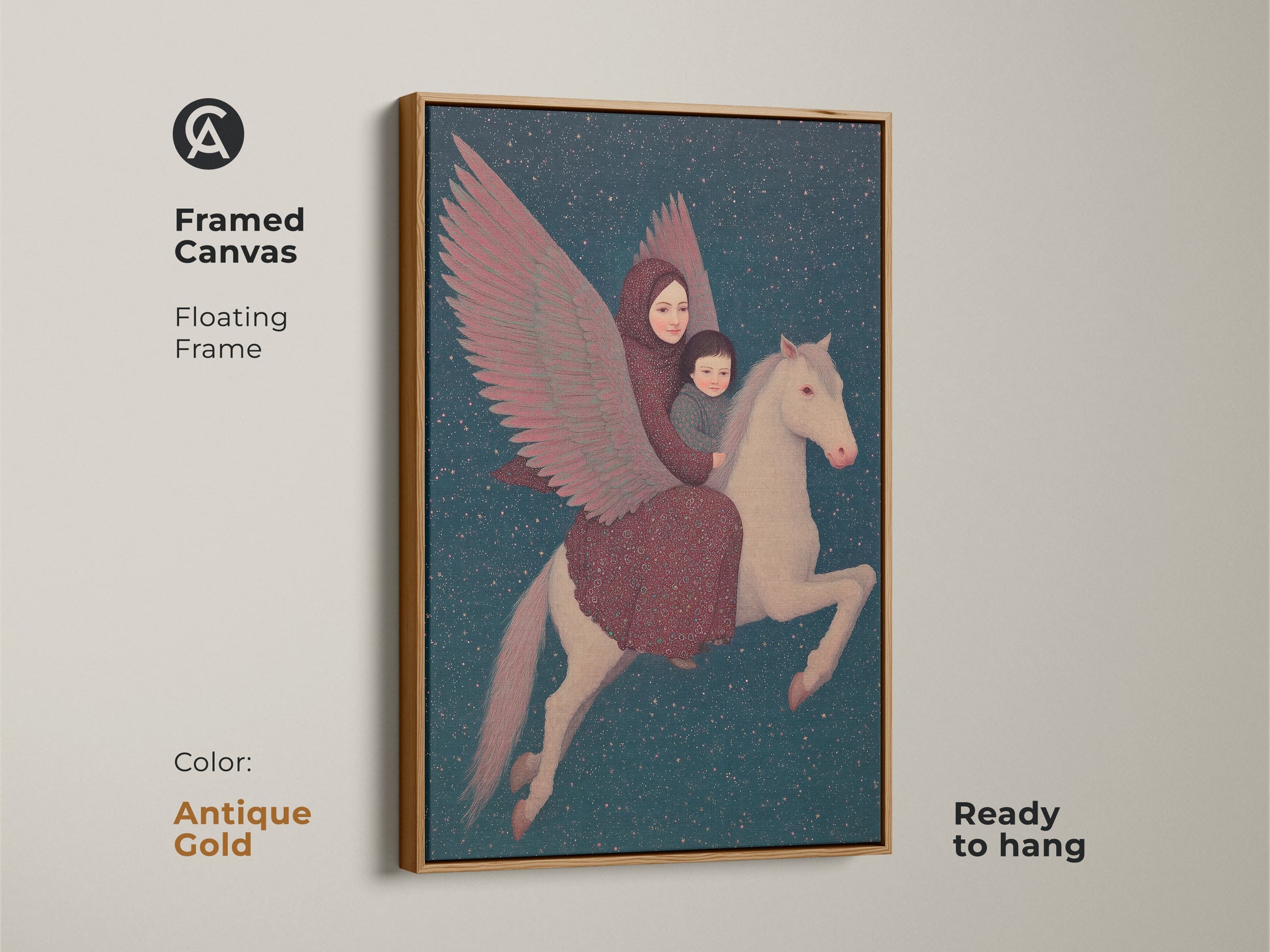Antique gold framed canvas shows celestial art of a mother and child on a Pegasus. This ready-to-hang piece elevates eclectic bedroom wall art. This surreal folk painting print is a whimsical Pegasus addition. A unique gift for imagination.