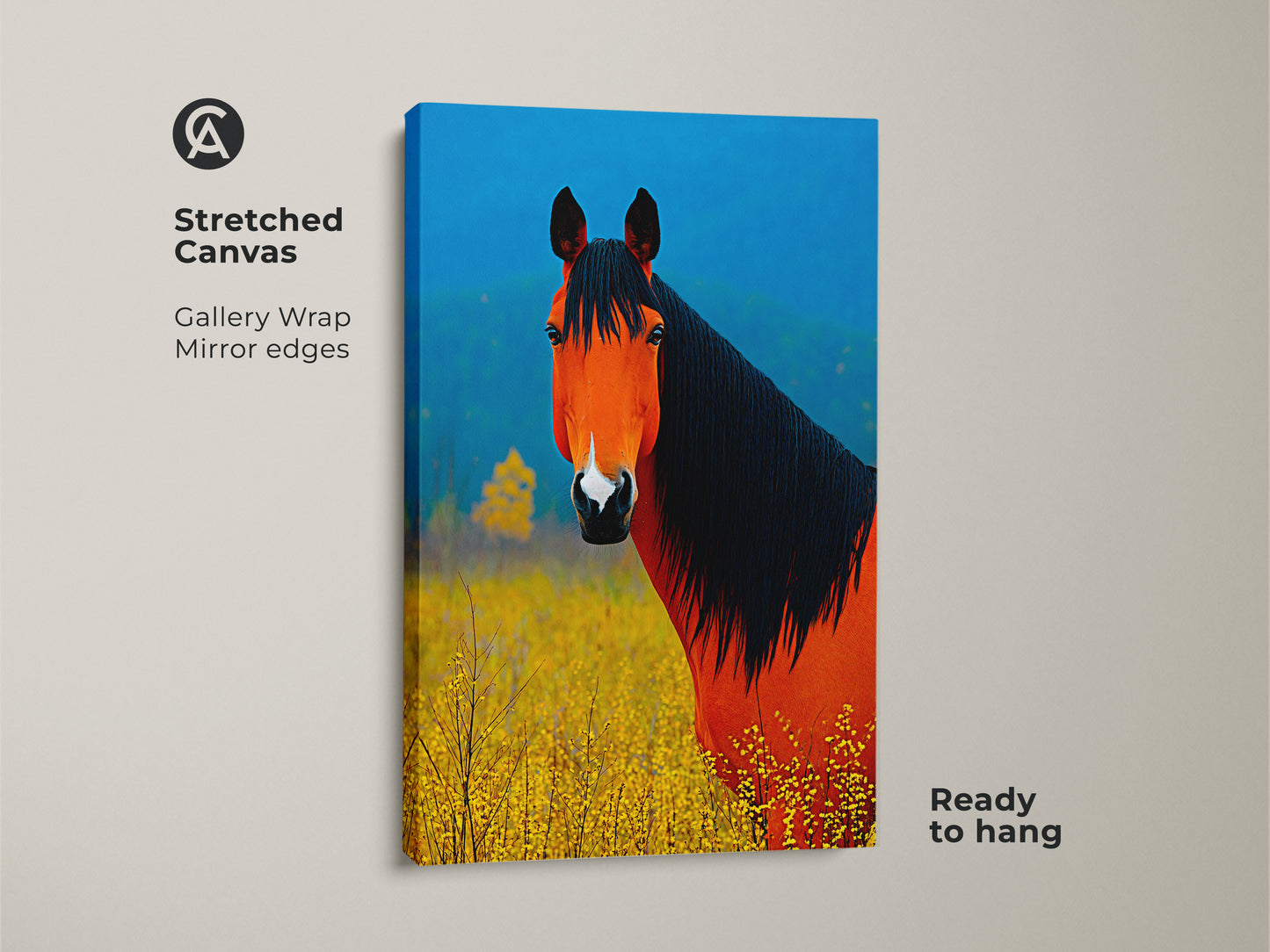 This stretched canvas features an orange horse with a blue backdrop and yellow flowers. It's ready to hang. This equestrian home decor piece is a perfect gift for horse lovers. The animal wildlife art print will enhance your living space