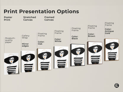 Explore print presentation options for minimalist woman artwork. Choose from poster prints stretched canvas and framed canvas. Each black white and orange art piece elevates your space with contemporary style.