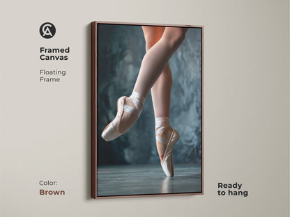 Brown framed canvas of ballet art. The ballerina artwork showcases a dancer's poise. The floating frame adds a rustic charm. This ballet print is ready to hang. The brown frame complements the artwork. A beautiful ballet canvas.