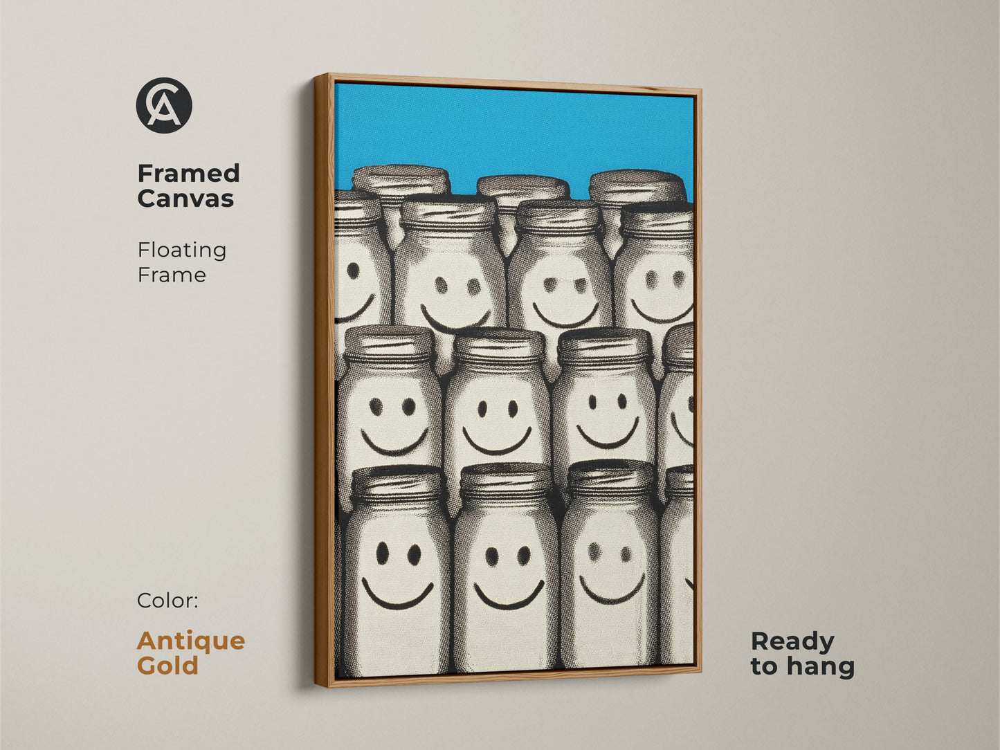 Framed Canvas with an antique gold floating frame showcasing the Smiley Face Jar art print. This retro pop art canvas features a blue abstract style. Contemporary home decor brings a playful touch. An ideal gift for pop art enthusiasts seeking unique wall art.