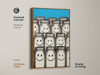 Framed Canvas with an antique gold floating frame showcasing the Smiley Face Jar art print. This retro pop art canvas features a blue abstract style. Contemporary home decor brings a playful touch. An ideal gift for pop art enthusiasts seeking unique wall art.