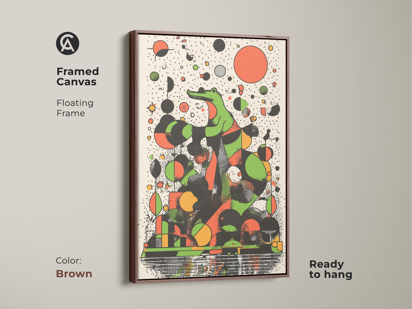 Framed canvas with a brown floating frame displays abstract crocodile art. The retro animal wall art uses green geometric shapes and an orange black color scheme. It is ready to hang perfect for eclectic office decor.