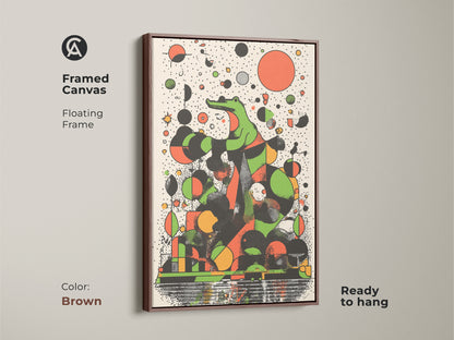 Framed canvas with a brown floating frame displays abstract crocodile art. The retro animal wall art uses green geometric shapes and an orange black color scheme. It is ready to hang perfect for eclectic office decor.