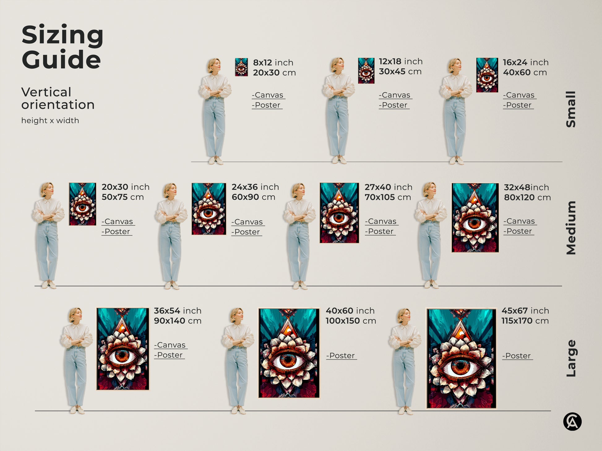 Sizing guide for vertical surreal eye lotus canvas art. See how different sizes fit in a room. Available in canvas and poster options. The abstract amber and teal spiritual decor complements any home. Small medium and large sizes shown with person for scale.