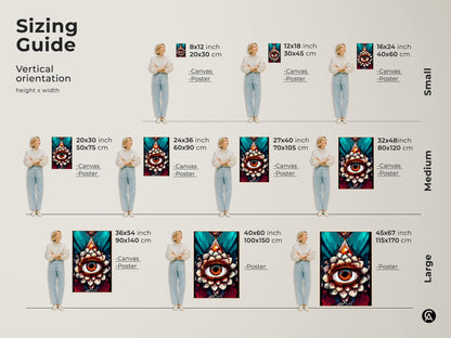 Sizing guide for vertical surreal eye lotus canvas art. See how different sizes fit in a room. Available in canvas and poster options. The abstract amber and teal spiritual decor complements any home. Small medium and large sizes shown with person for scale.
