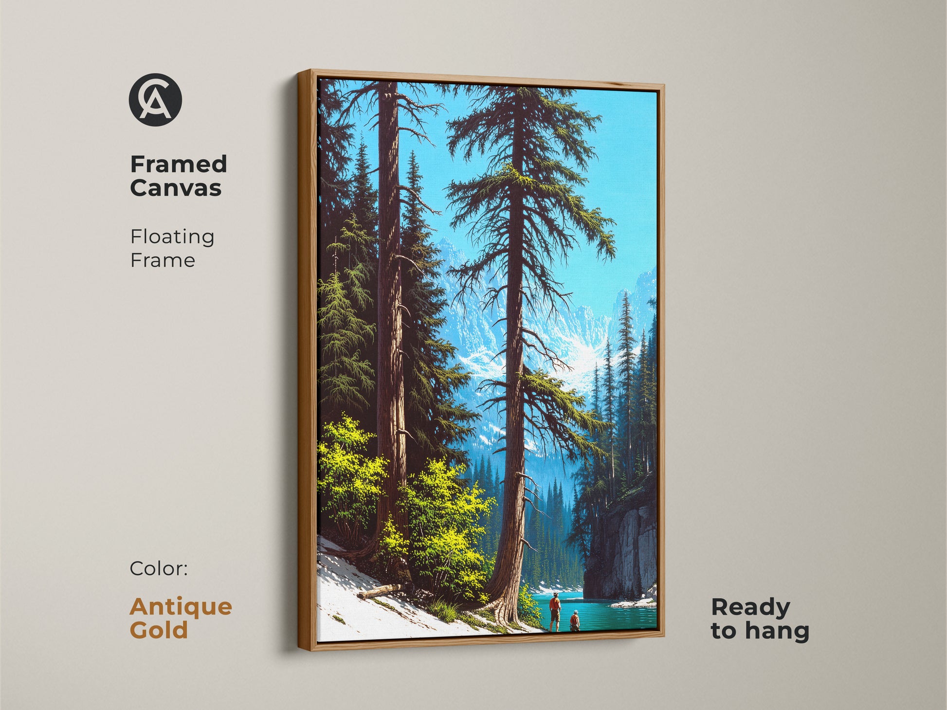This framed mountain lake artwork with an antique gold floating frame brings a rustic touch. Ready to hang pine forest canvas art offers a scenic view for any room. Sky blue and deep green colors enhance this nature landscape piece. Perfect for housewarming gifts.