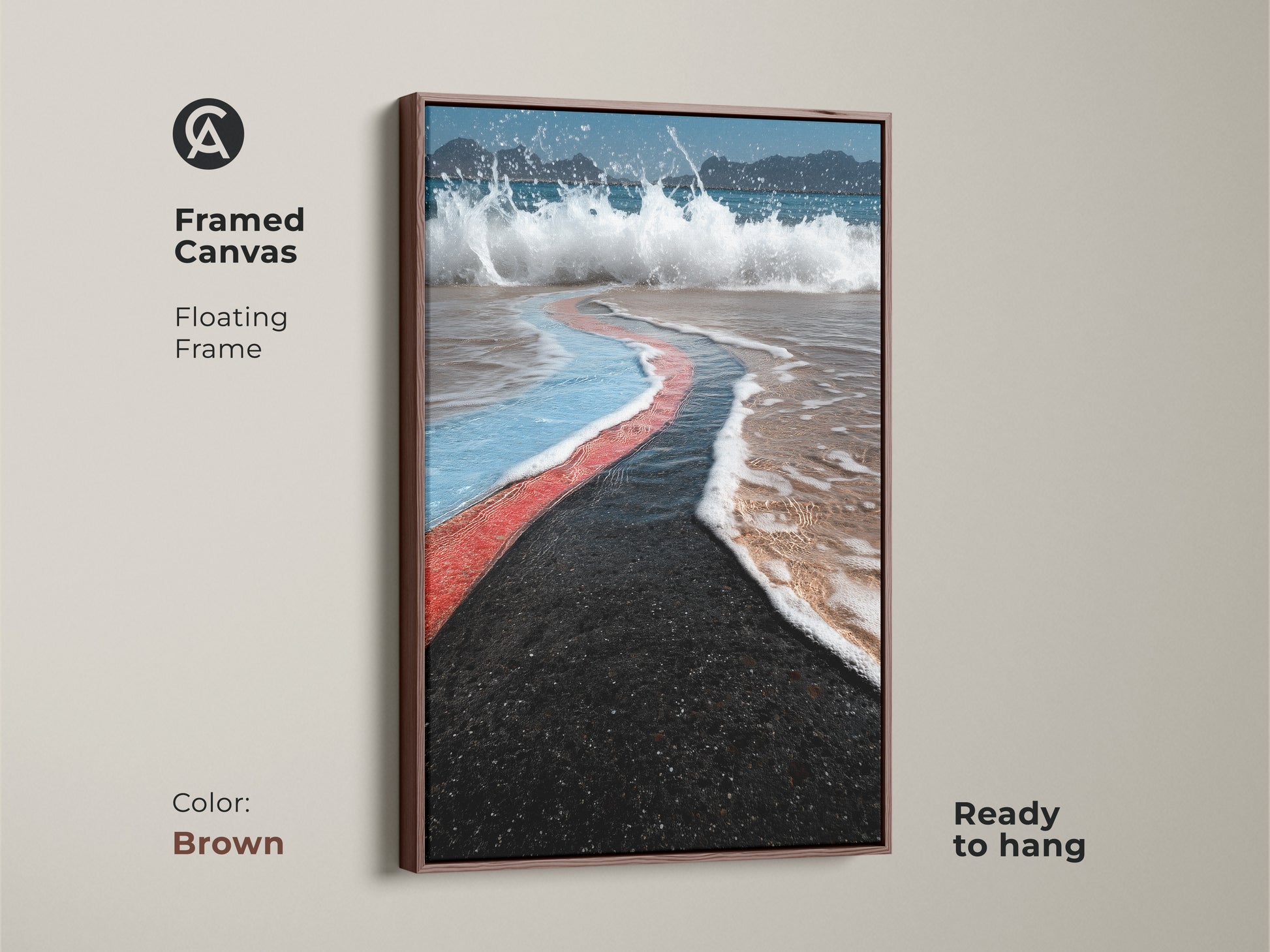 Brown framed canvas displaying abstract coastal artwork. A floating frame adds elegance to the beach landscape print. The teal and coral blue artwork enhances a modern home decor. This ocean wave painting is ready to hang.