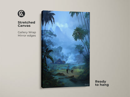 This stretched canvas presents a tropical village print. A misty mountain landscape art brings a serene nature scene. The gallery wrap with mirror edges enhances the boho palm tree wall art. Ready to hang this teal blue nature artwork adds a touch of wanderlust to your walls. It's coastal home decor.