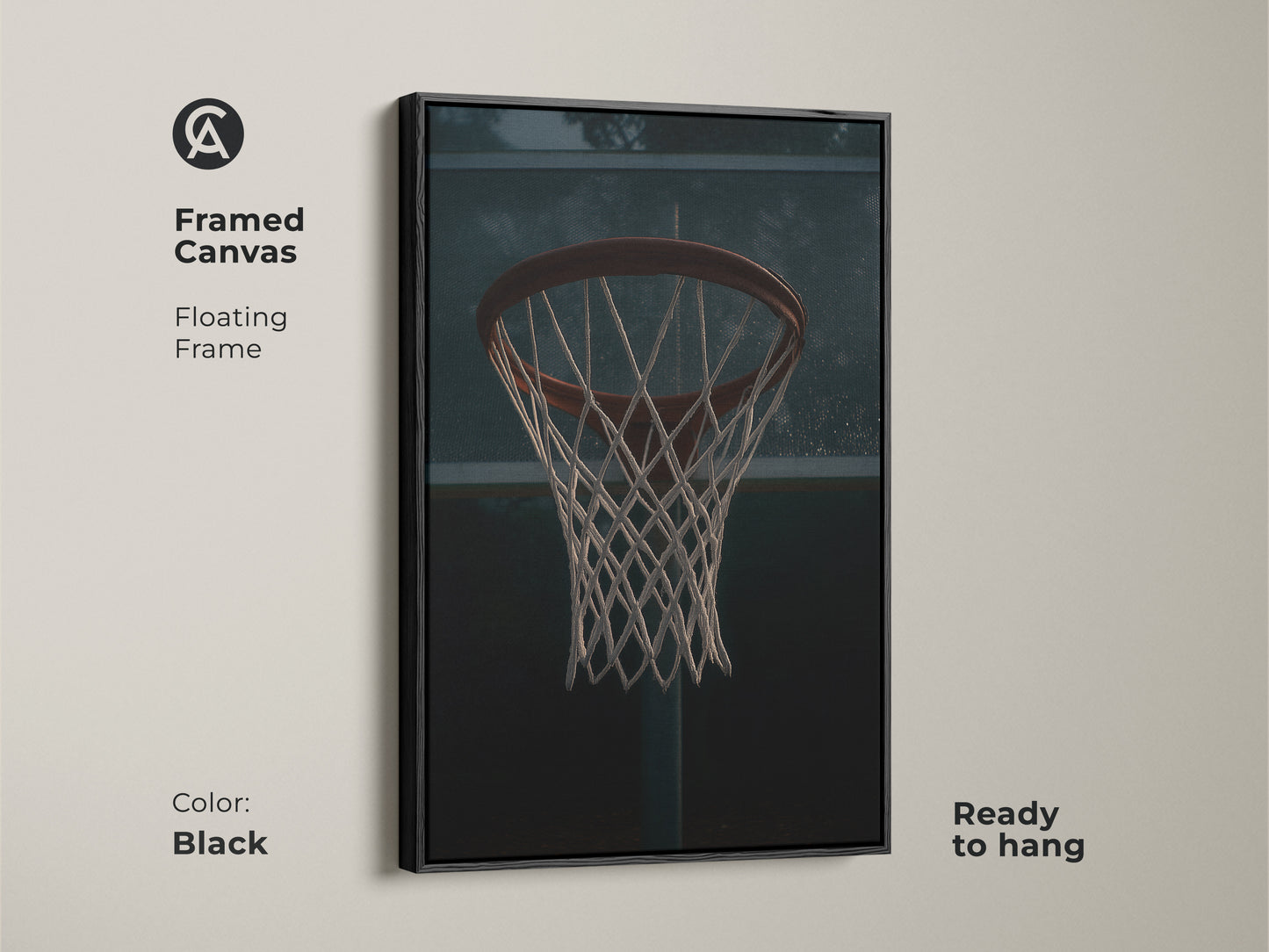 Framed canvas featuring basketball hoop art. This floating frame in black enhances the industrial sports decor. Ready to hang this game room artwork is perfect for a man cave. Add this dark red basketball art to your space.