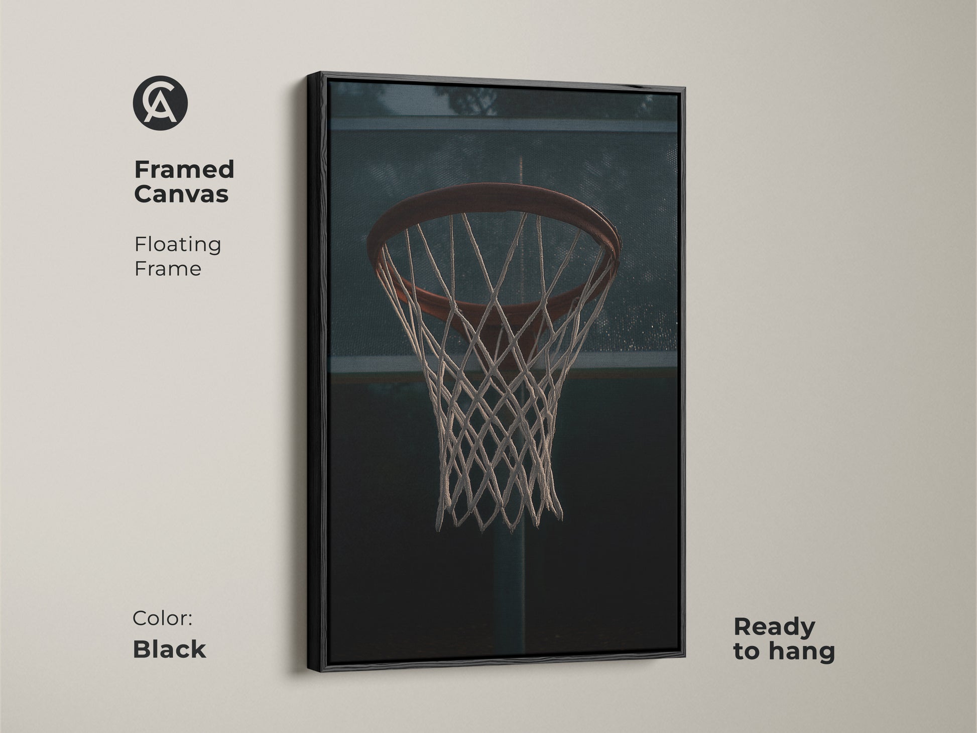 Framed canvas featuring basketball hoop art. This floating frame in black enhances the industrial sports decor. Ready to hang this game room artwork is perfect for a man cave. Add this dark red basketball art to your space.