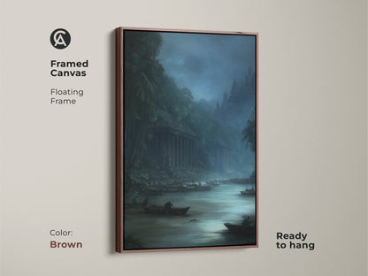 Framed Canvas featuring a traditional river scene in misty grey and deep blue. The historical painting style landscape artwork has a brown floating frame. Ready to hang this scenic landscape is perfect for traditional home decor.