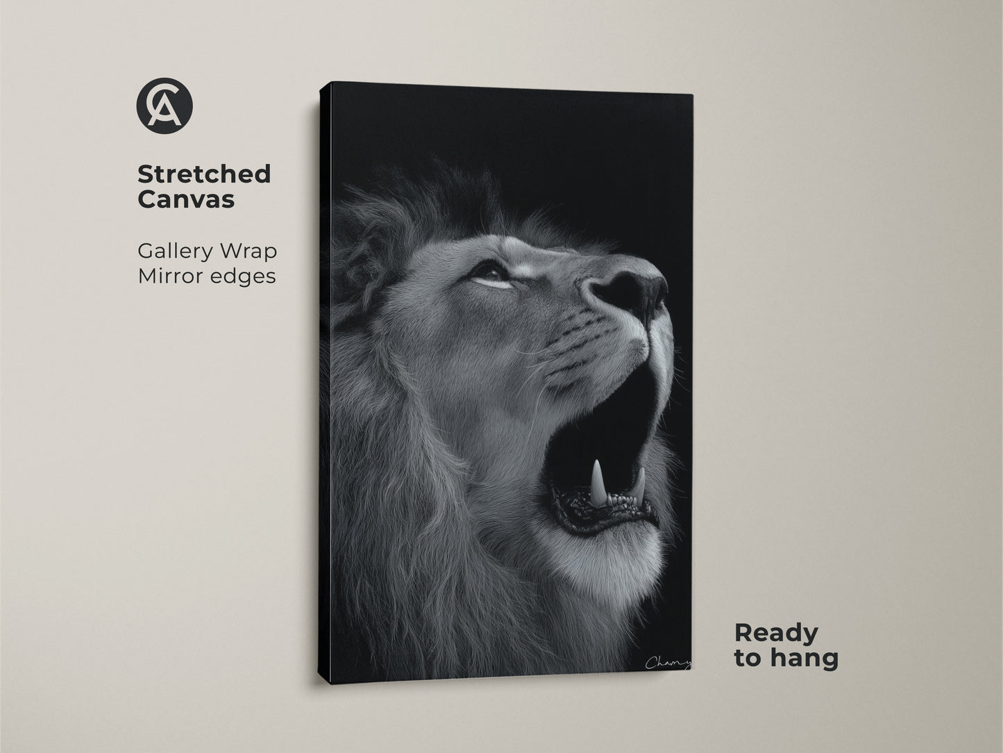 A striking photorealistic lion canvas print perfect as animal wall art for a bedroom. The black and white lion print showcases a monochrome wildlife artwork. This contemporary decor is ready to hang with gallery wrapped edges. Its a fine art wildlife gift.