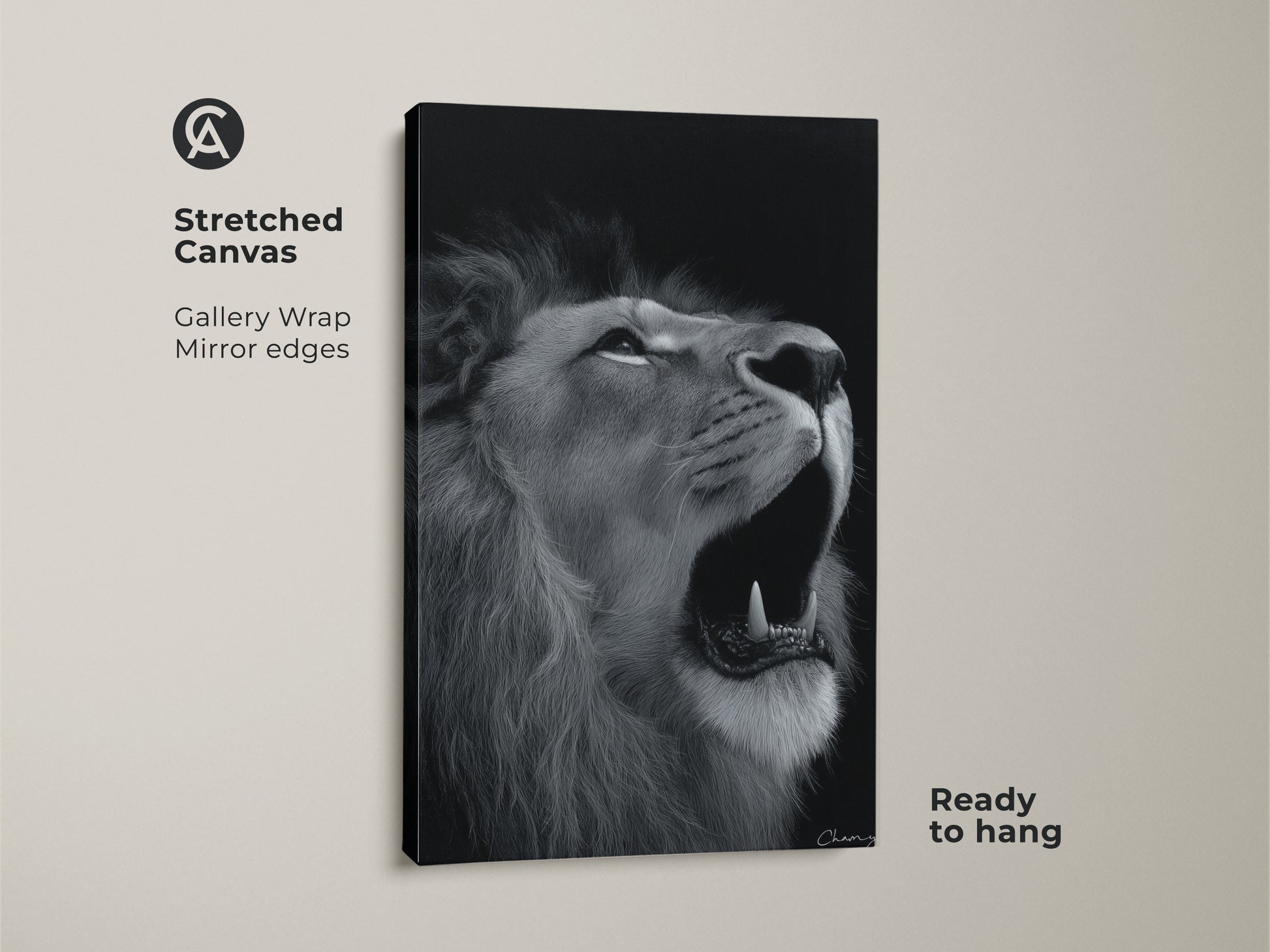 A striking photorealistic lion canvas print perfect as animal wall art for a bedroom. The black and white lion print showcases a monochrome wildlife artwork. This contemporary decor is ready to hang with gallery wrapped edges. Its a fine art wildlife gift.